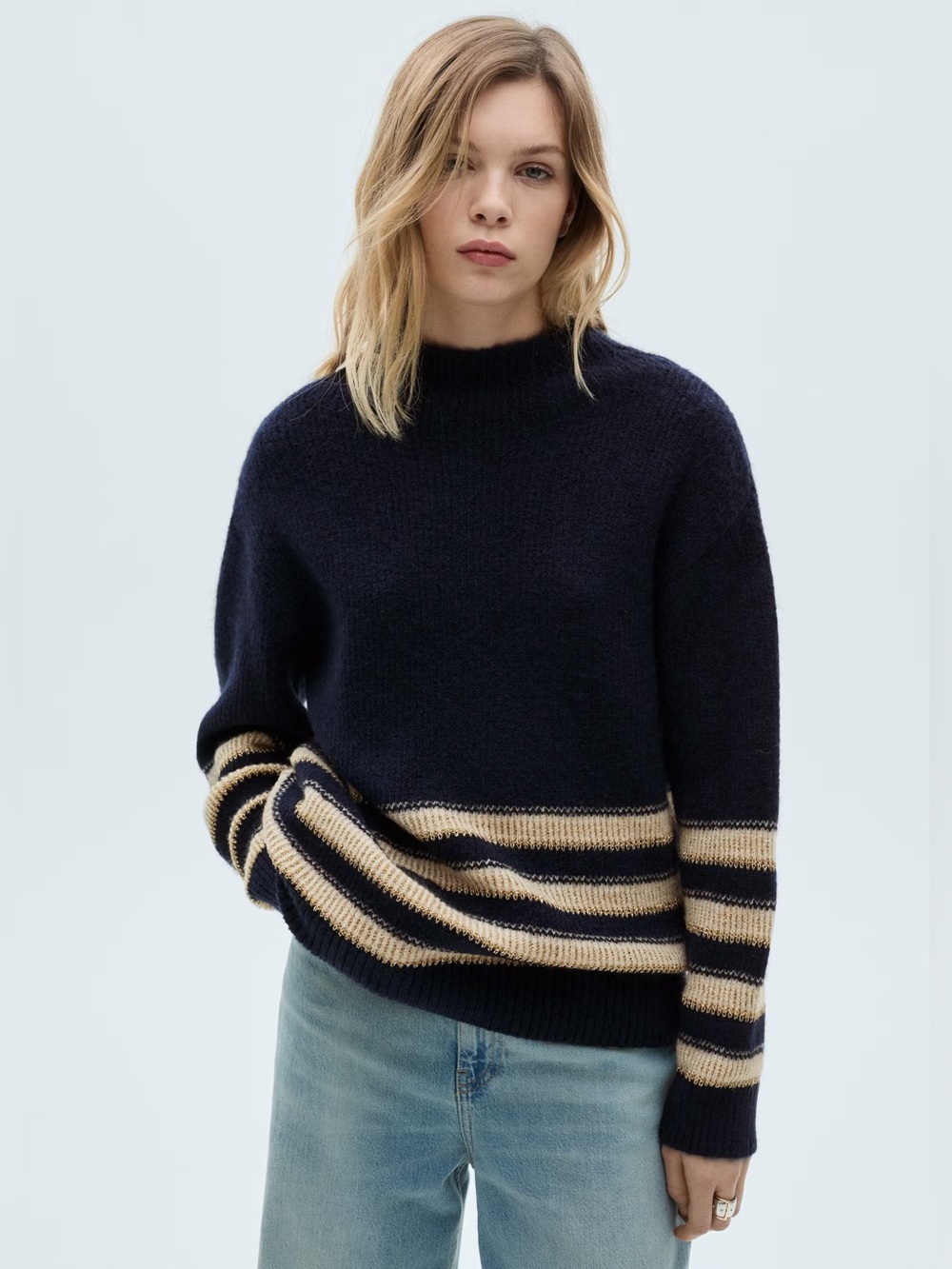 Mango Navy striped Sweater with Perkins neck NWT